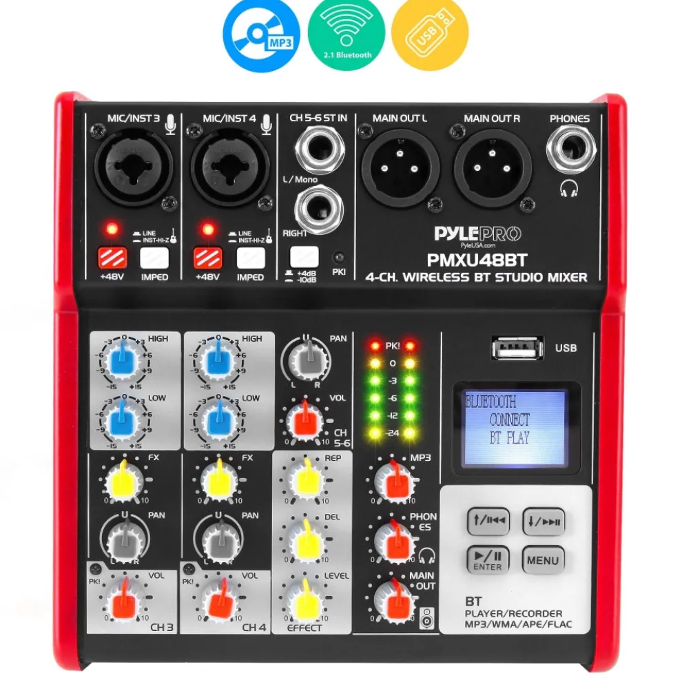 4-Channel Bluetooth DJ Mixer - Pro Audio, USB Interface, Phantom Power