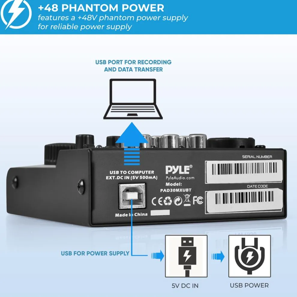3-Channel Bluetooth Audio Mixer - Wireless Streaming, 18V Phantom Power