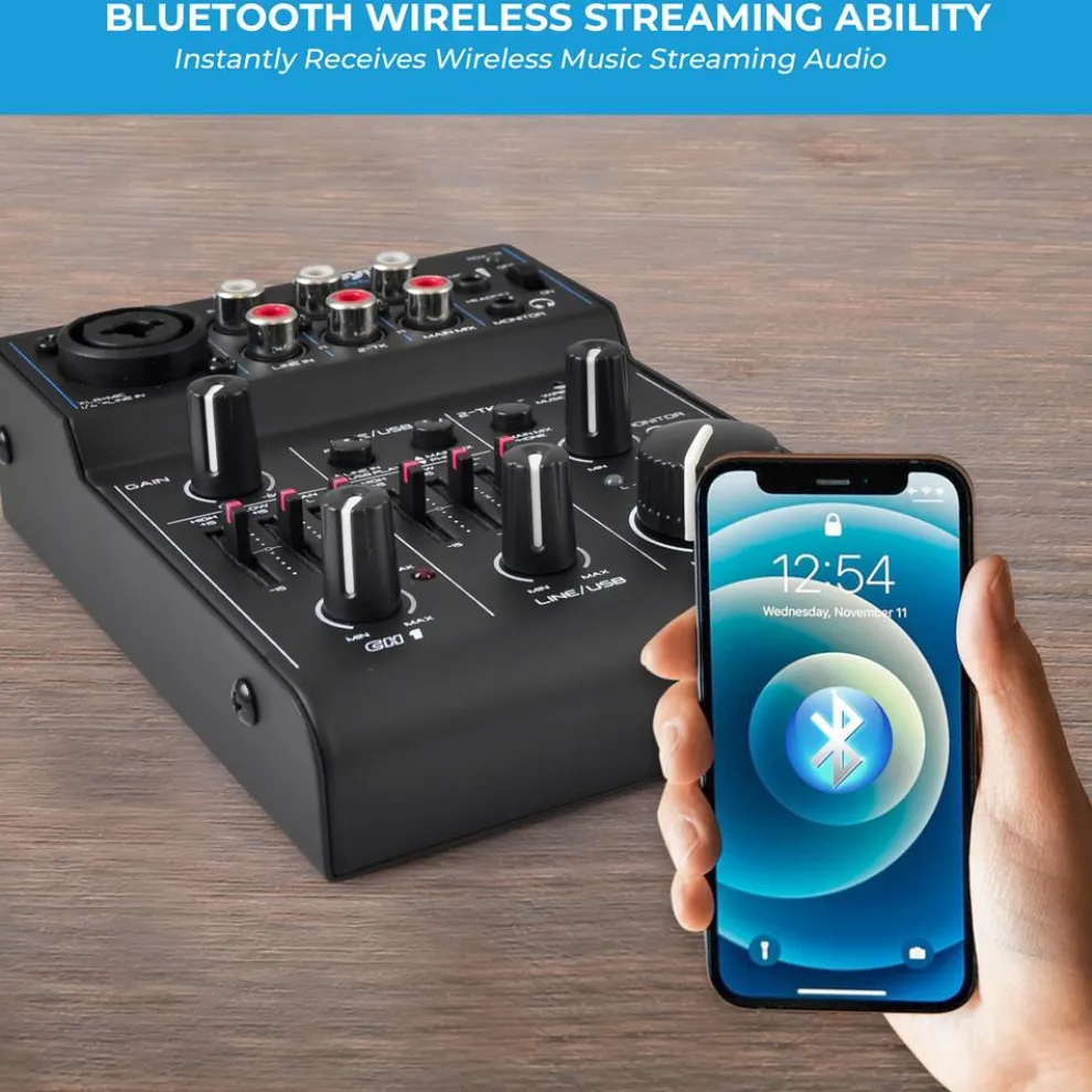 3-Channel Bluetooth Audio Mixer - Wireless Streaming, 18V Phantom Power