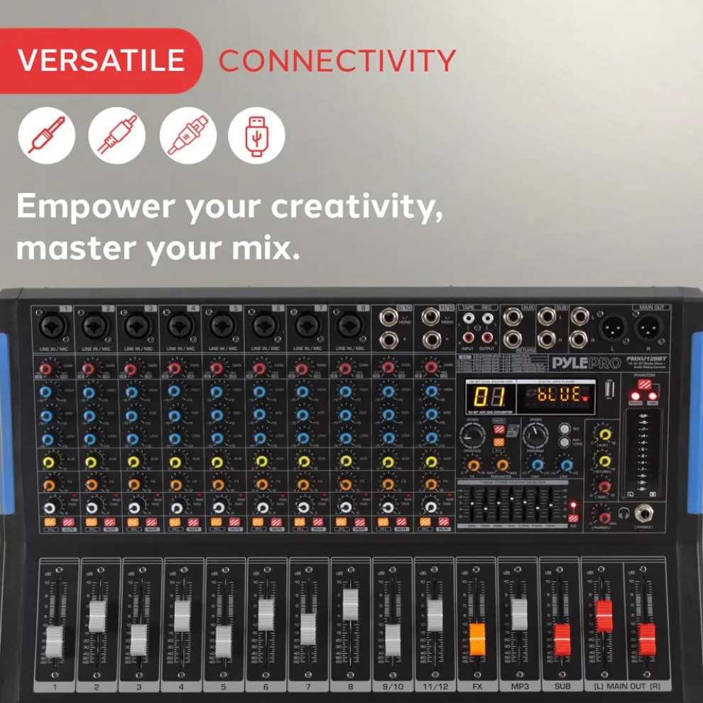 12-Channel Bluetooth Studio Mixer - USB Recording, 7-Band EQ, 48V Power