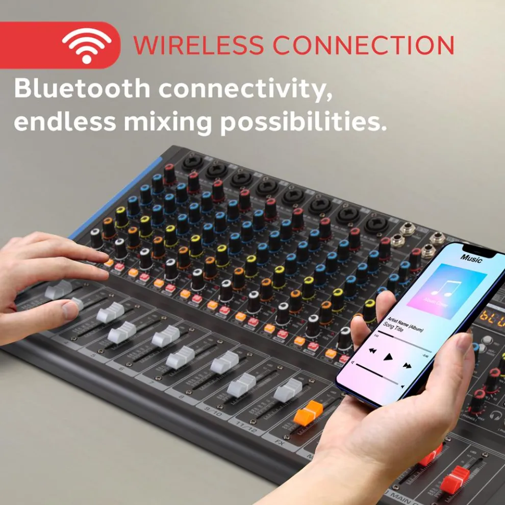 12-Channel Bluetooth Studio Mixer - USB Recording, 7-Band EQ, 48V Power