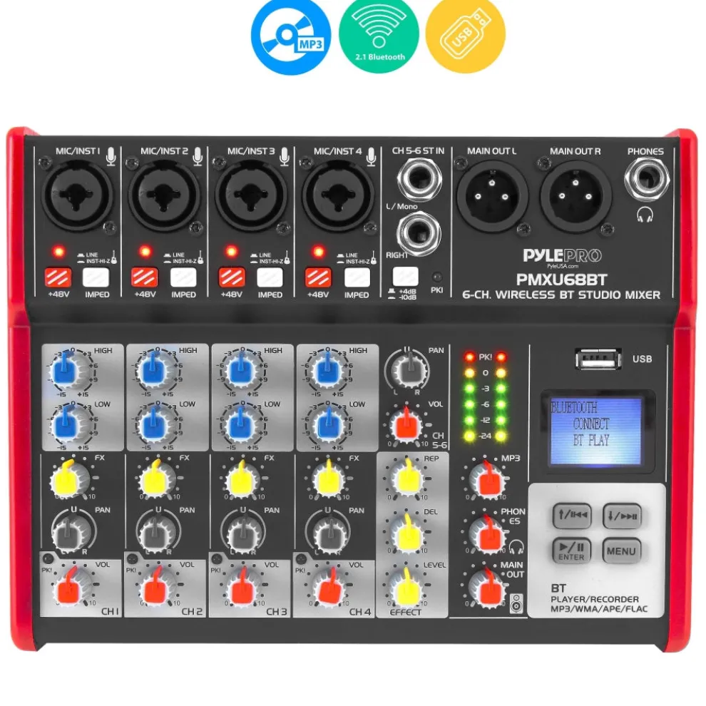 6-Channel Bluetooth DJ Mixer - Pro Audio, USB Interface, Phantom Power