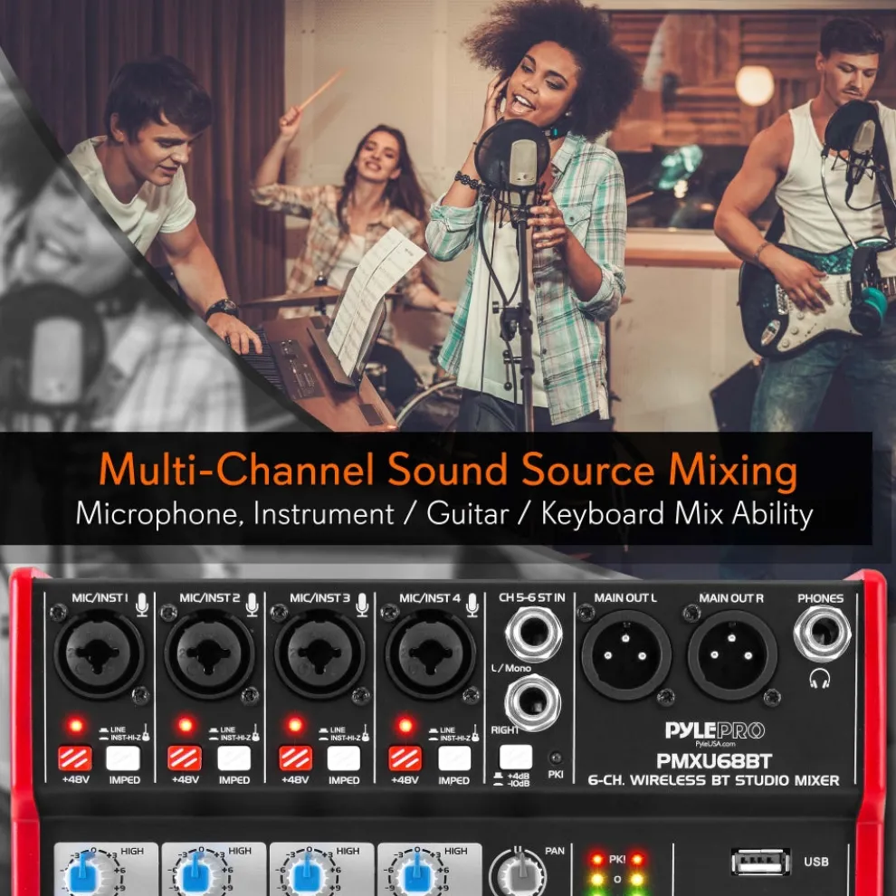 6-Channel Bluetooth DJ Mixer - Pro Audio, USB Interface, Phantom Power