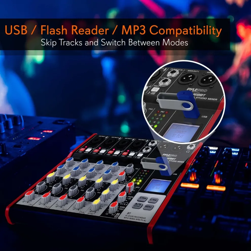 6-Channel Bluetooth DJ Mixer - Pro Audio, USB Interface, Phantom Power