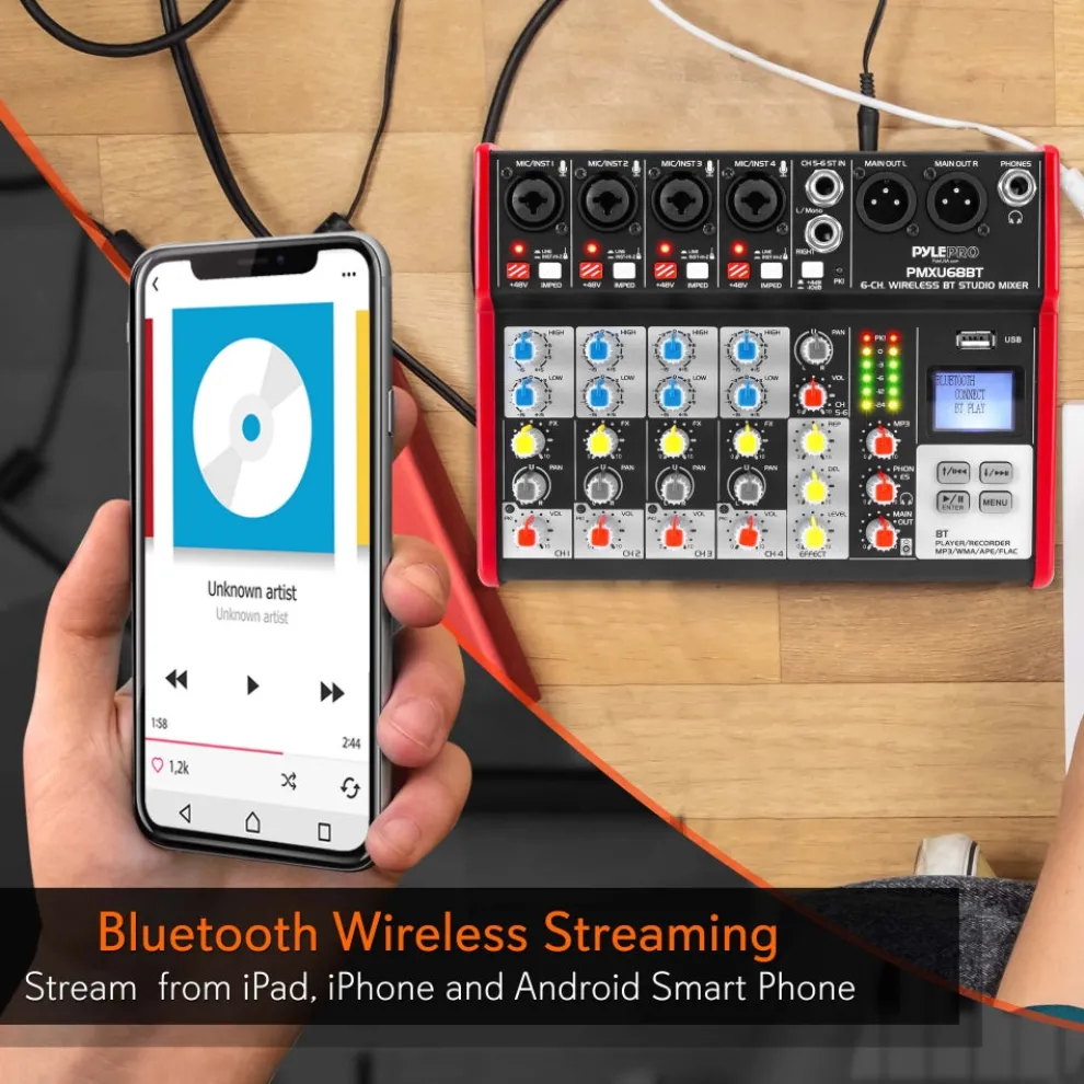 6-Channel Bluetooth DJ Mixer - Pro Audio, USB Interface, Phantom Power