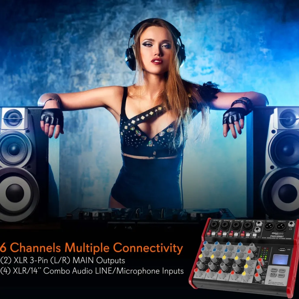 6-Channel Bluetooth DJ Mixer - Pro Audio, USB Interface, Phantom Power