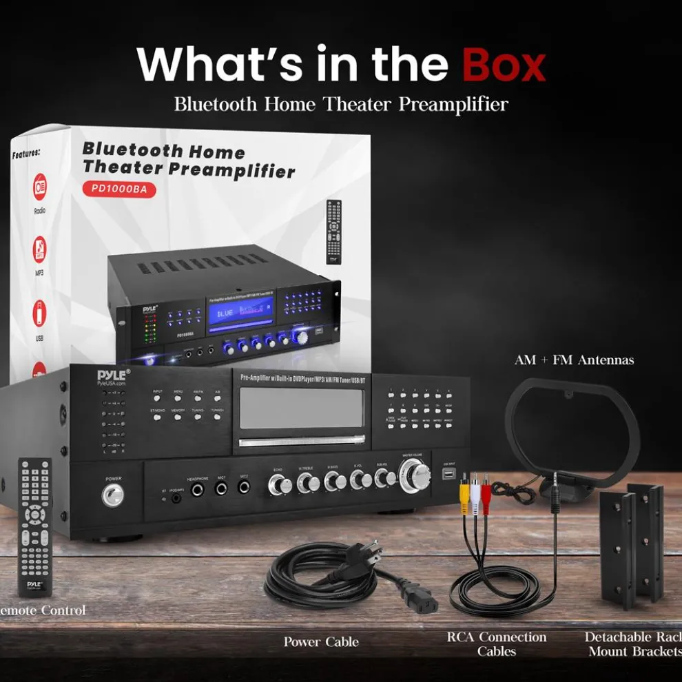 4-Channel Bluetooth Amplifier 1000W - CD/DVD Player, USB, FM Radio