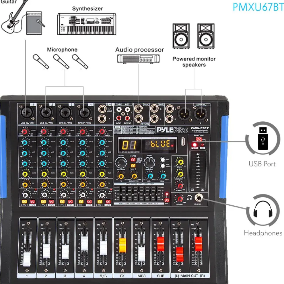 6-Channel Bluetooth Mixer - Pro Audio Control, 16 DSP Effects, USB Input
