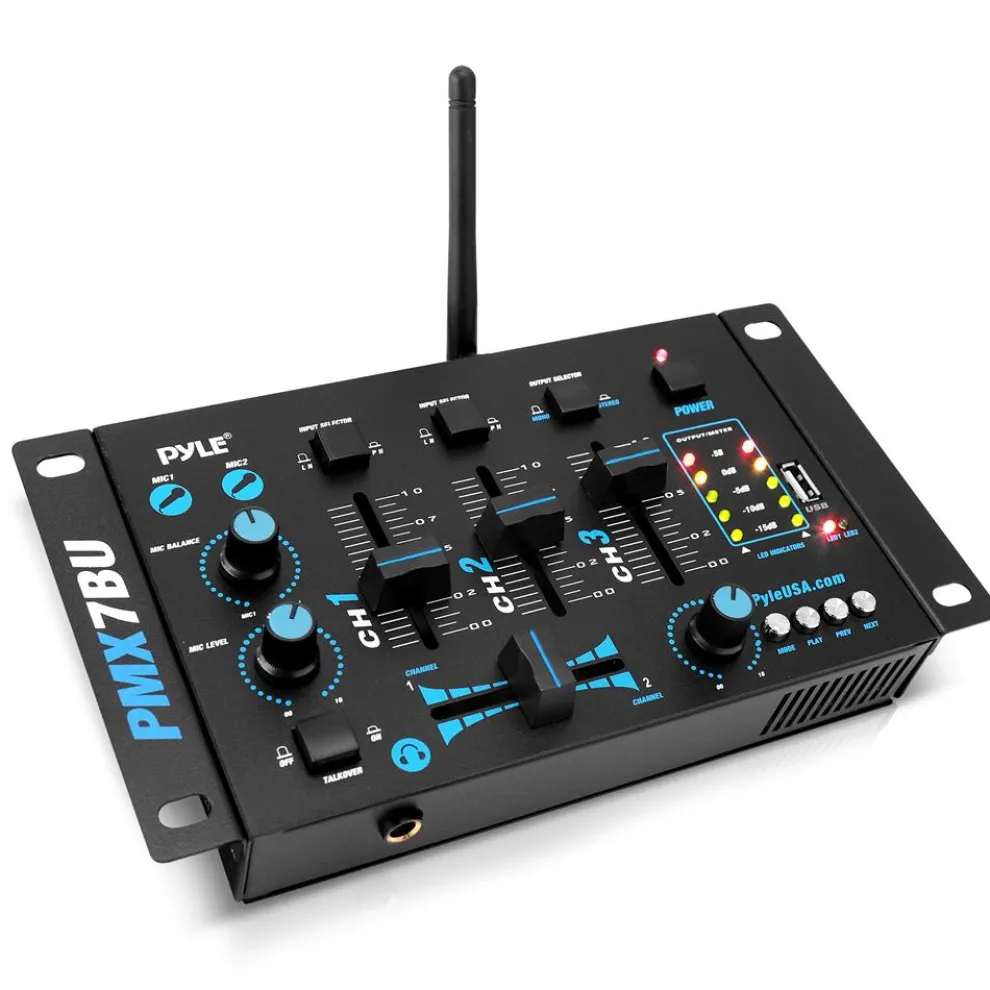 3-Channel Bluetooth DJ Mixer, Wireless Streaming, USB Reader, Blue