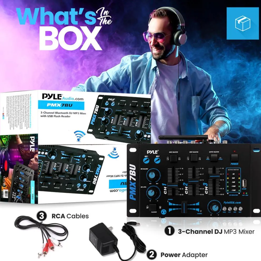 3-Channel Bluetooth DJ Mixer, Wireless Streaming, USB Reader, Blue