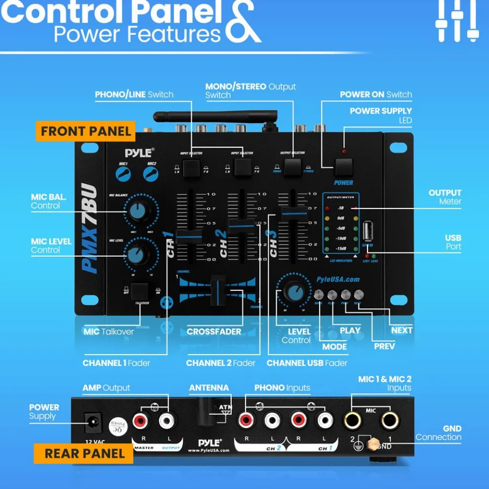 3-Channel Bluetooth DJ Mixer, Wireless Streaming, USB Reader, Blue