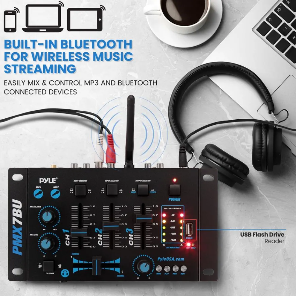 3-Channel Bluetooth DJ Mixer, Wireless Streaming, USB Reader, Blue
