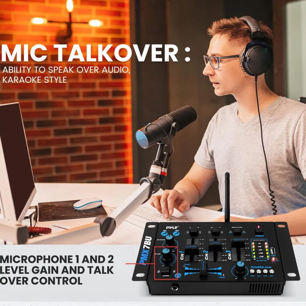 3-Channel Bluetooth DJ Mixer, Wireless Streaming, USB Reader, Blue