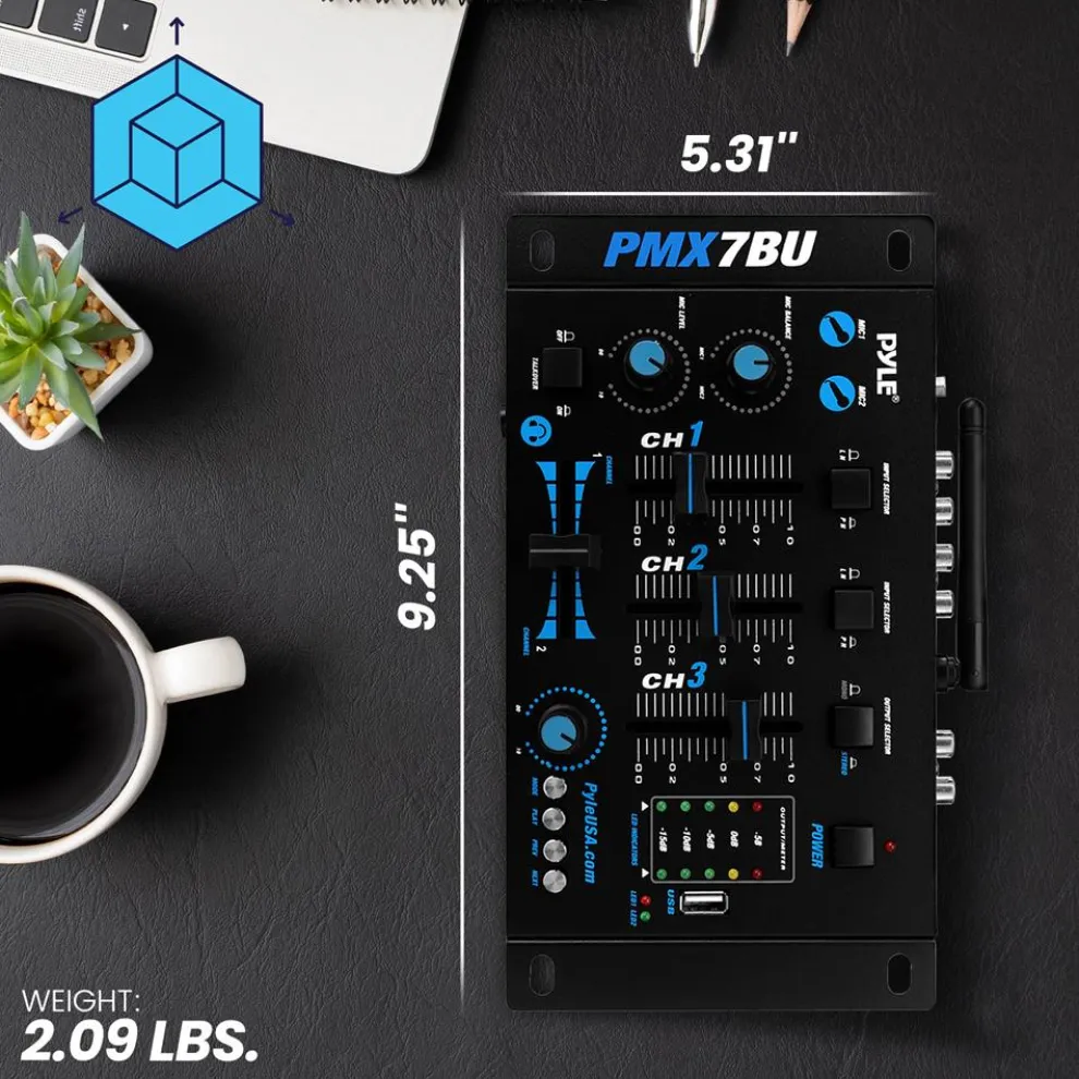 3-Channel Bluetooth DJ Mixer, Wireless Streaming, USB Reader, Blue