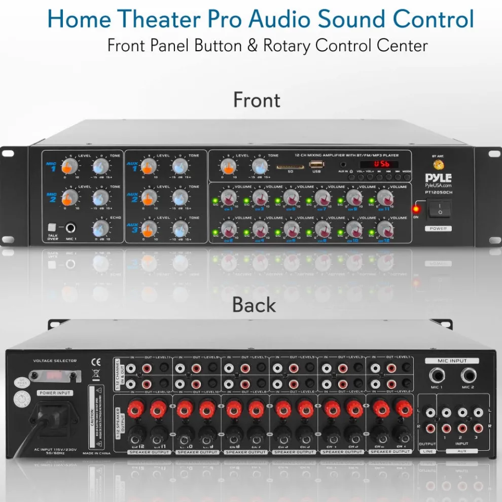 12-Channel Bluetooth Amplifier 6000W Multi-Zone Mixer with USB/SD/AUX