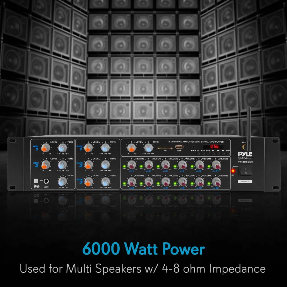 12-Channel Bluetooth Amplifier 6000W Multi-Zone Mixer with USB/SD/AUX
