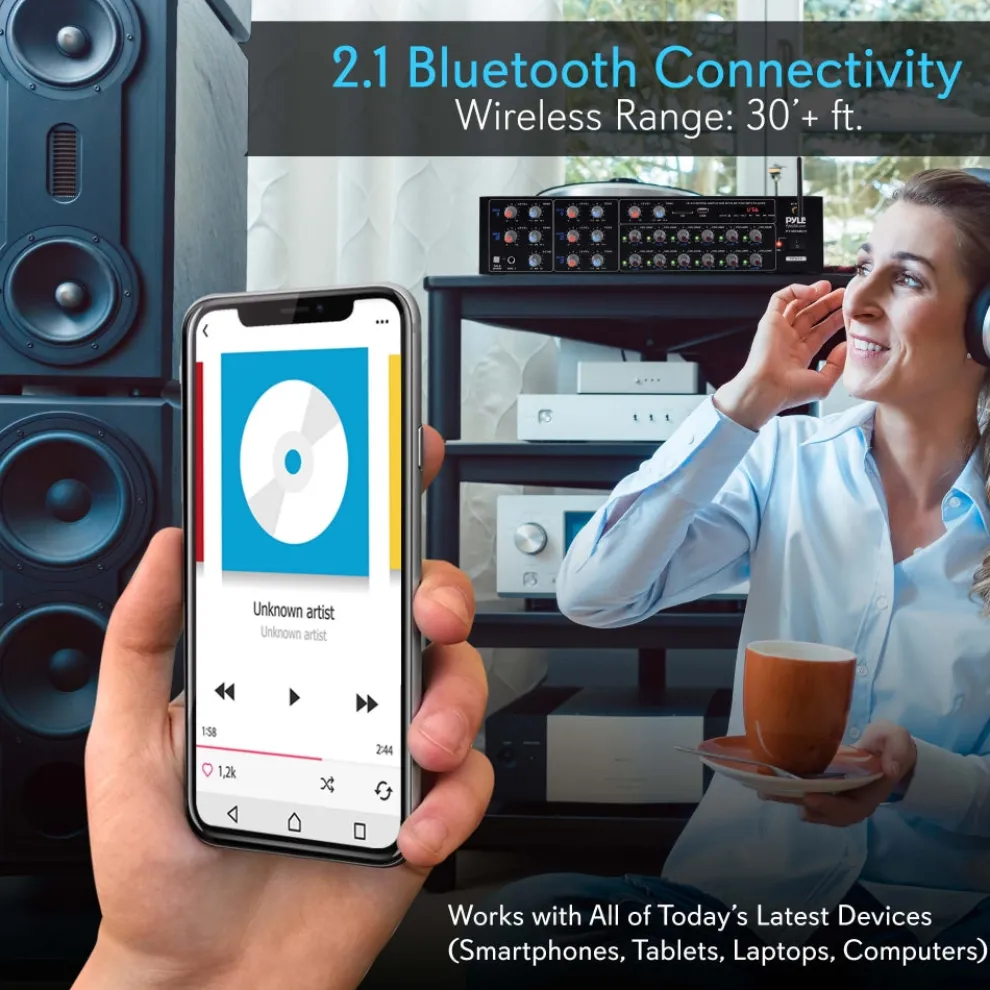 12-Channel Bluetooth Amplifier 6000W Multi-Zone Mixer with USB/SD/AUX