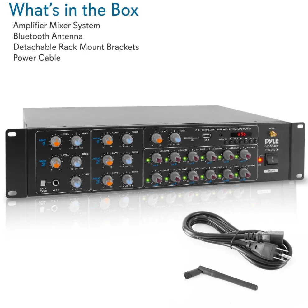 12-Channel Bluetooth Amplifier 6000W Multi-Zone Mixer with USB/SD/AUX