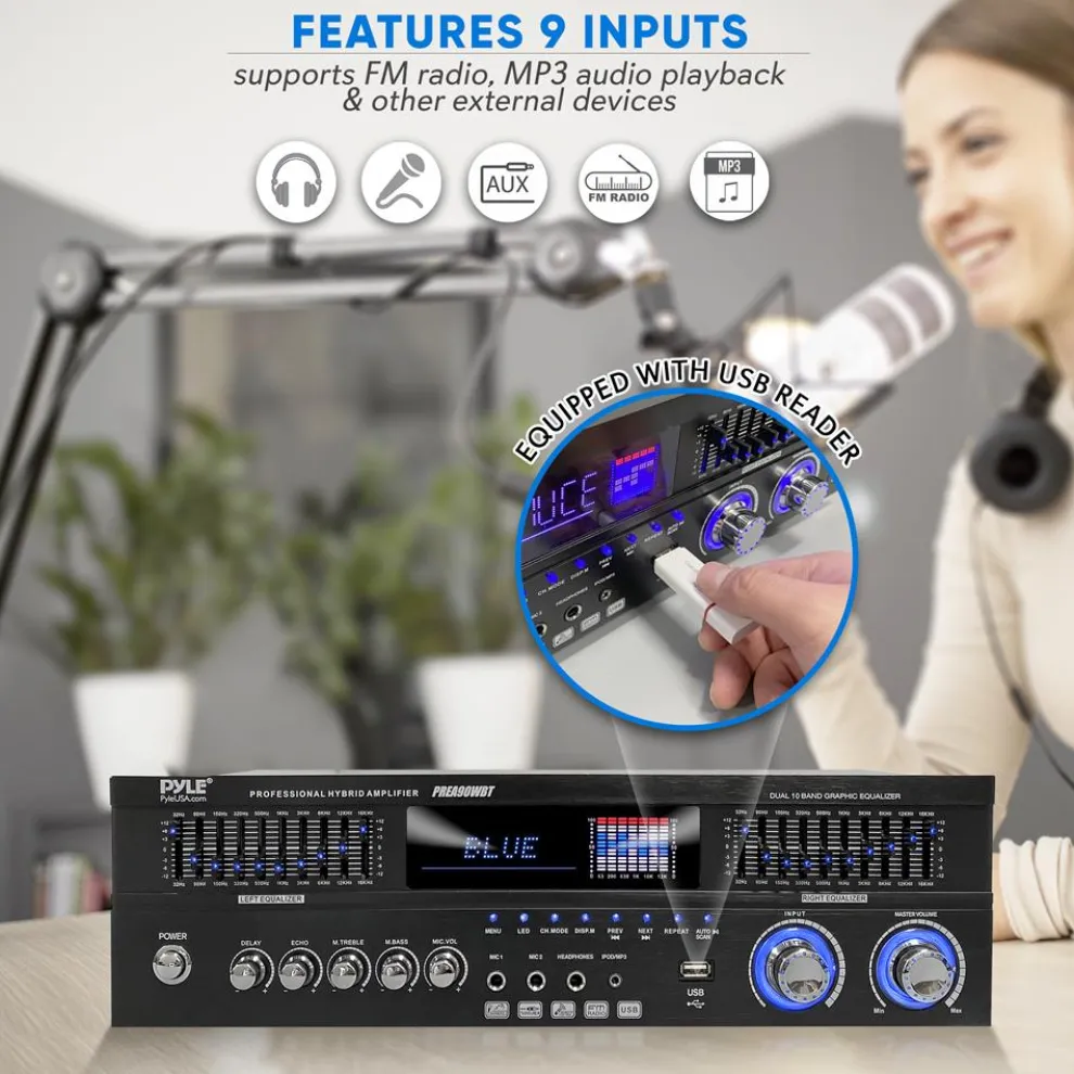 6-Channel Bluetooth Home Amplifier 1600W Wireless Streaming USB Inputs