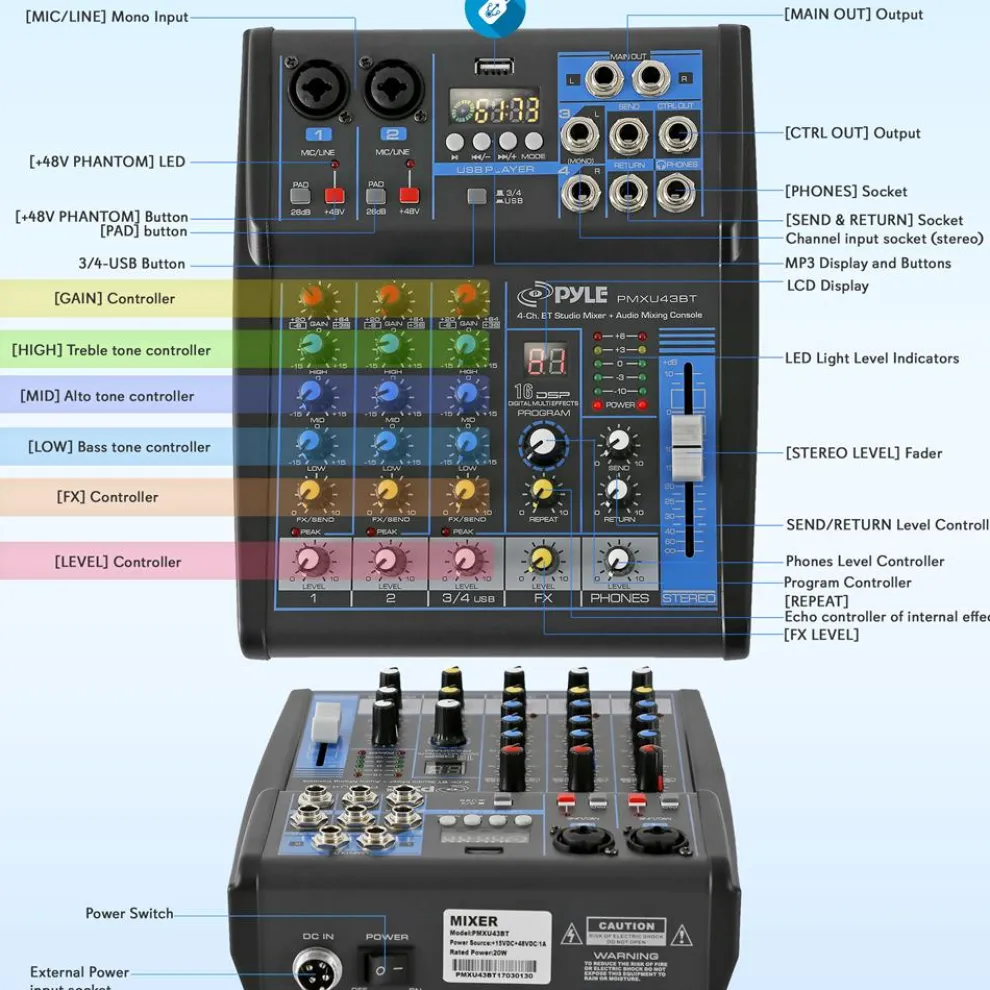 4-Channel Bluetooth Studio Mixer - USB, FX, 48V Phantom Power