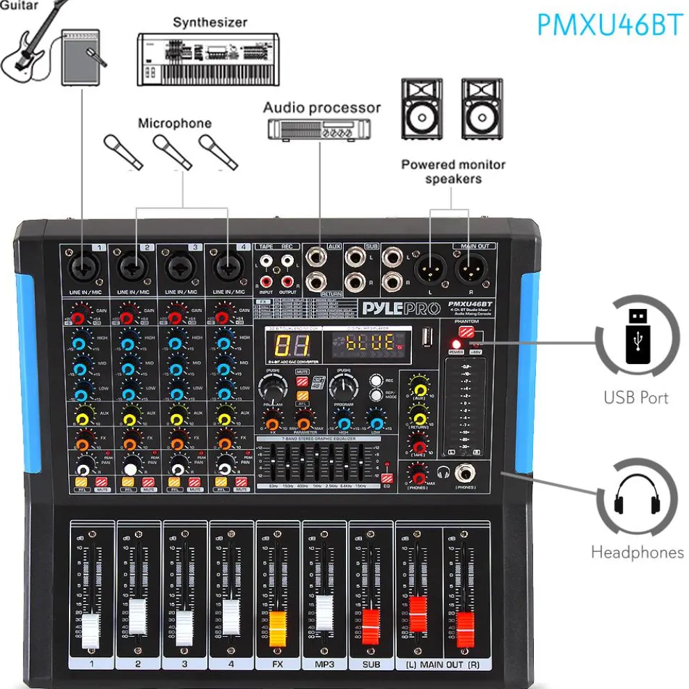 4-Channel Bluetooth Studio Mixer - USB Recording, 48V Power, 7-Band EQ
