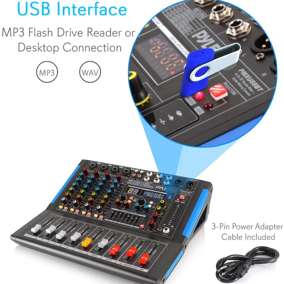 4-Channel Bluetooth Studio Mixer - USB Recording, 48V Power, 7-Band EQ