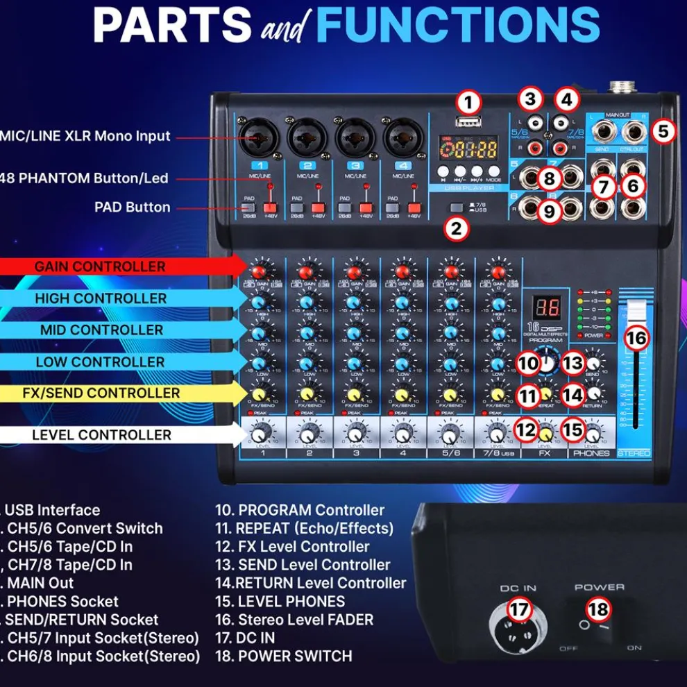 8-Channel Bluetooth Studio Mixer - USB, DSP, Phantom Power, DJ/Studio Use
