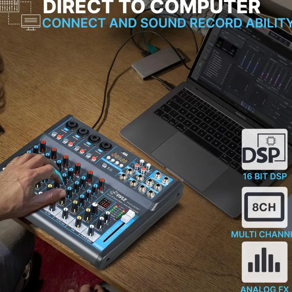 8-Channel Bluetooth Studio Mixer - USB, DSP, Phantom Power, DJ/Studio Use