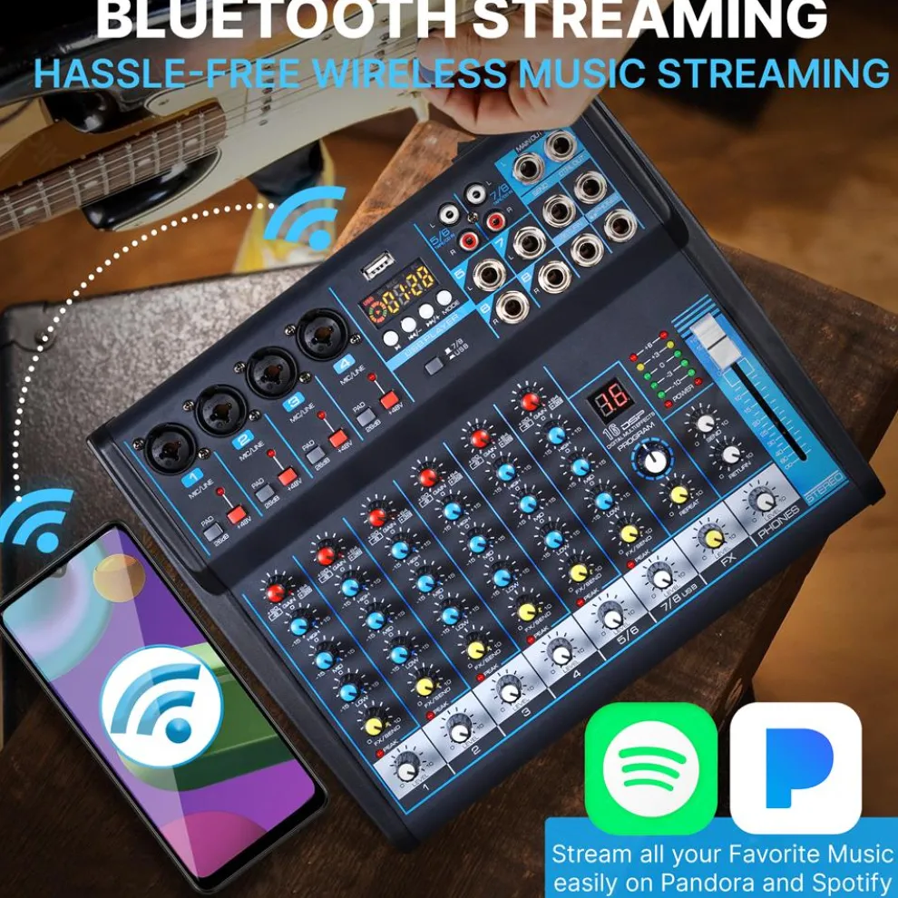8-Channel Bluetooth Studio Mixer - USB, DSP, Phantom Power, DJ/Studio Use