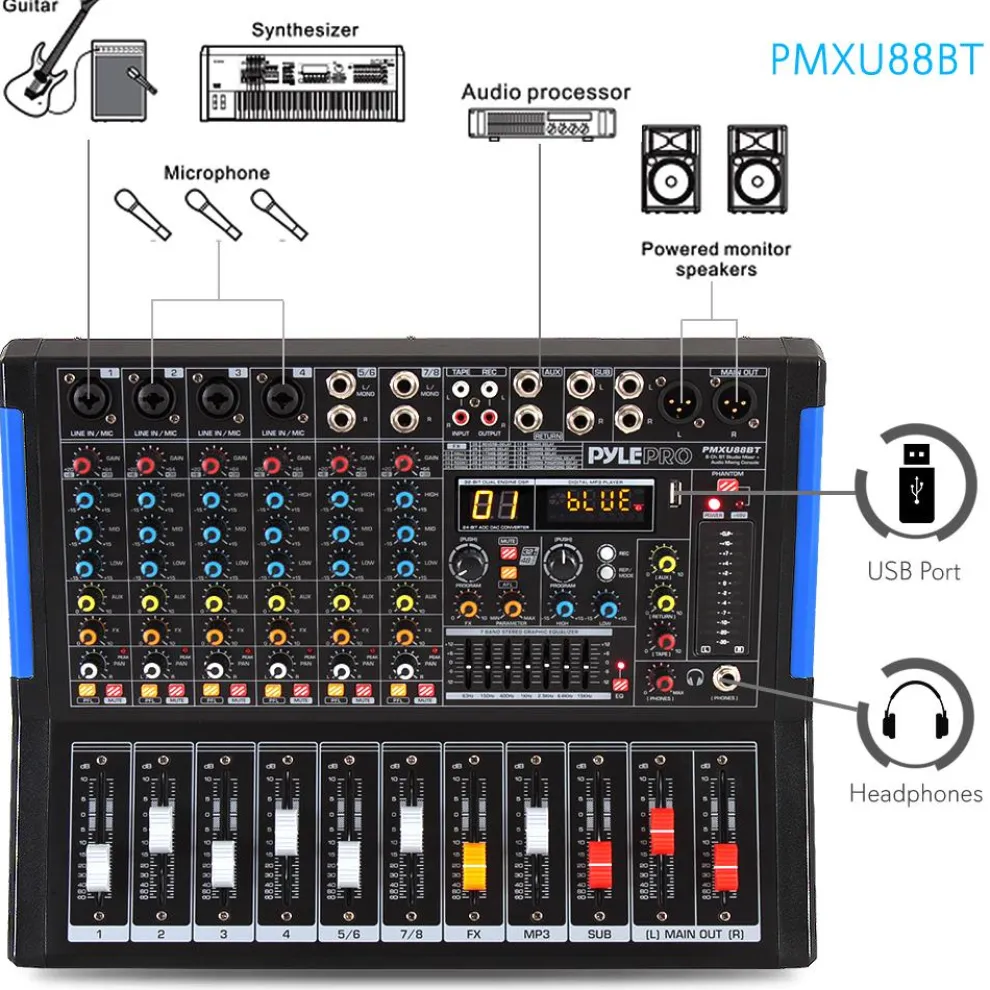 8-Channel Bluetooth DJ Mixer - Pro Sound, USB Recording, 7-Band EQ