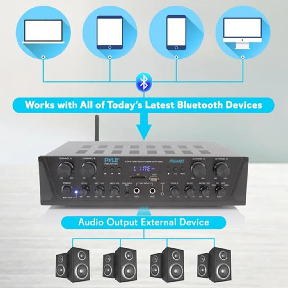 4-Channel Bluetooth Home Audio Amplifier with FM Radio