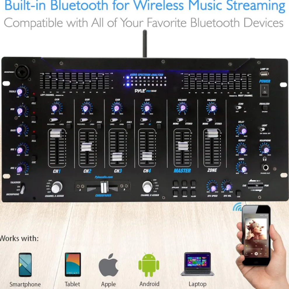 6-Channel DJ Mixer with Bluetooth, LED Controls, 10-Band Equalizer