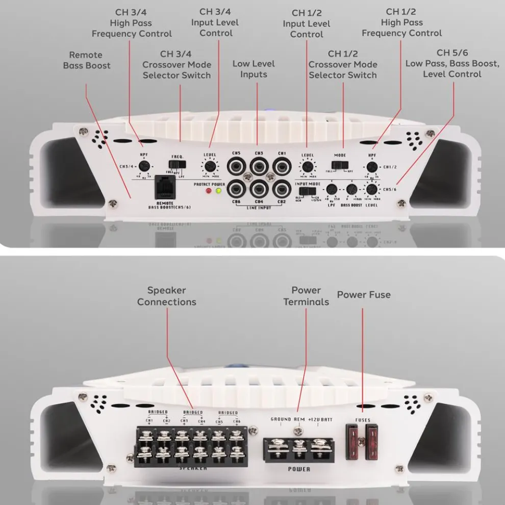 6-Channel Marine Amplifier, Waterproof, 2000W, MOSFET Power Supply