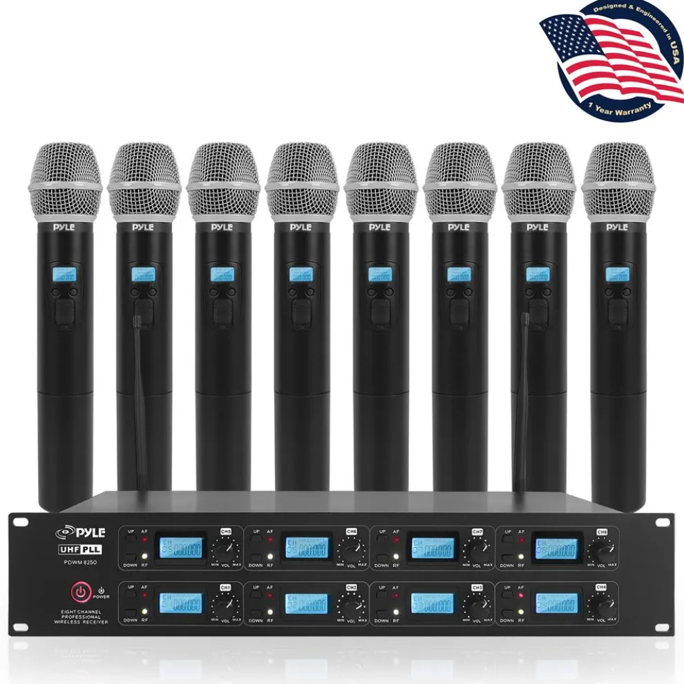 8-Channel UHF Wireless Mic System, 164 ft Range, LCD Display, Rack Mountable
