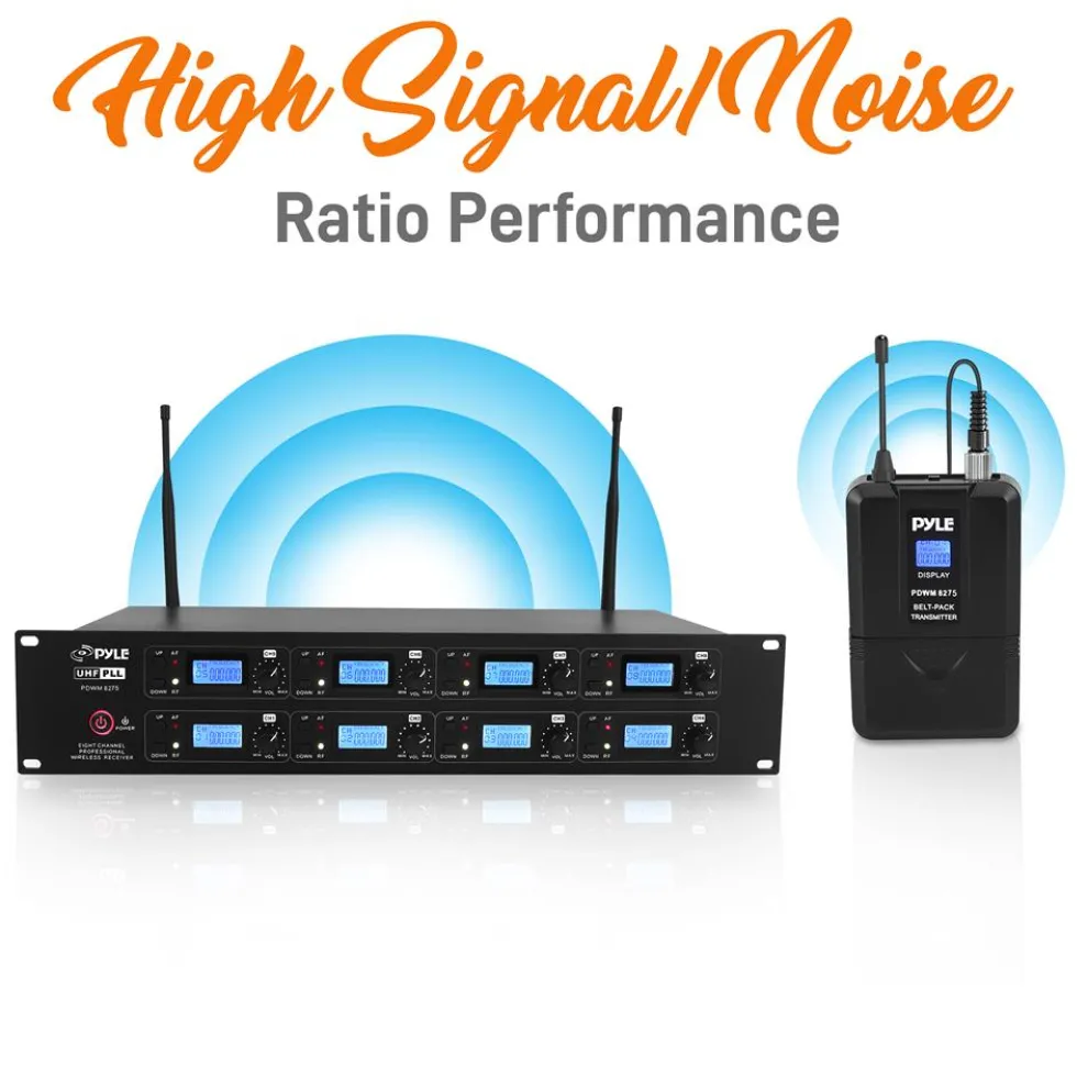 8-Channel UHF Wireless Mic System, 164 ft Range, LCD Display, Rack Mountable