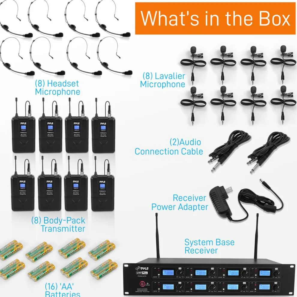 8-Channel UHF Wireless Mic System, 164 ft Range, LCD Display, Rack Mountable