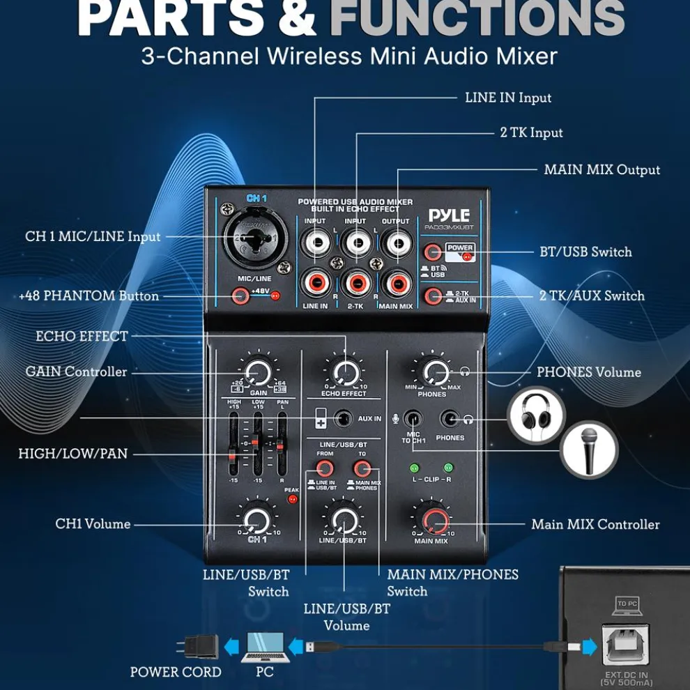 3-Channel Wireless DJ Mixer - Bluetooth 5.0, USB Interface, Phantom Power