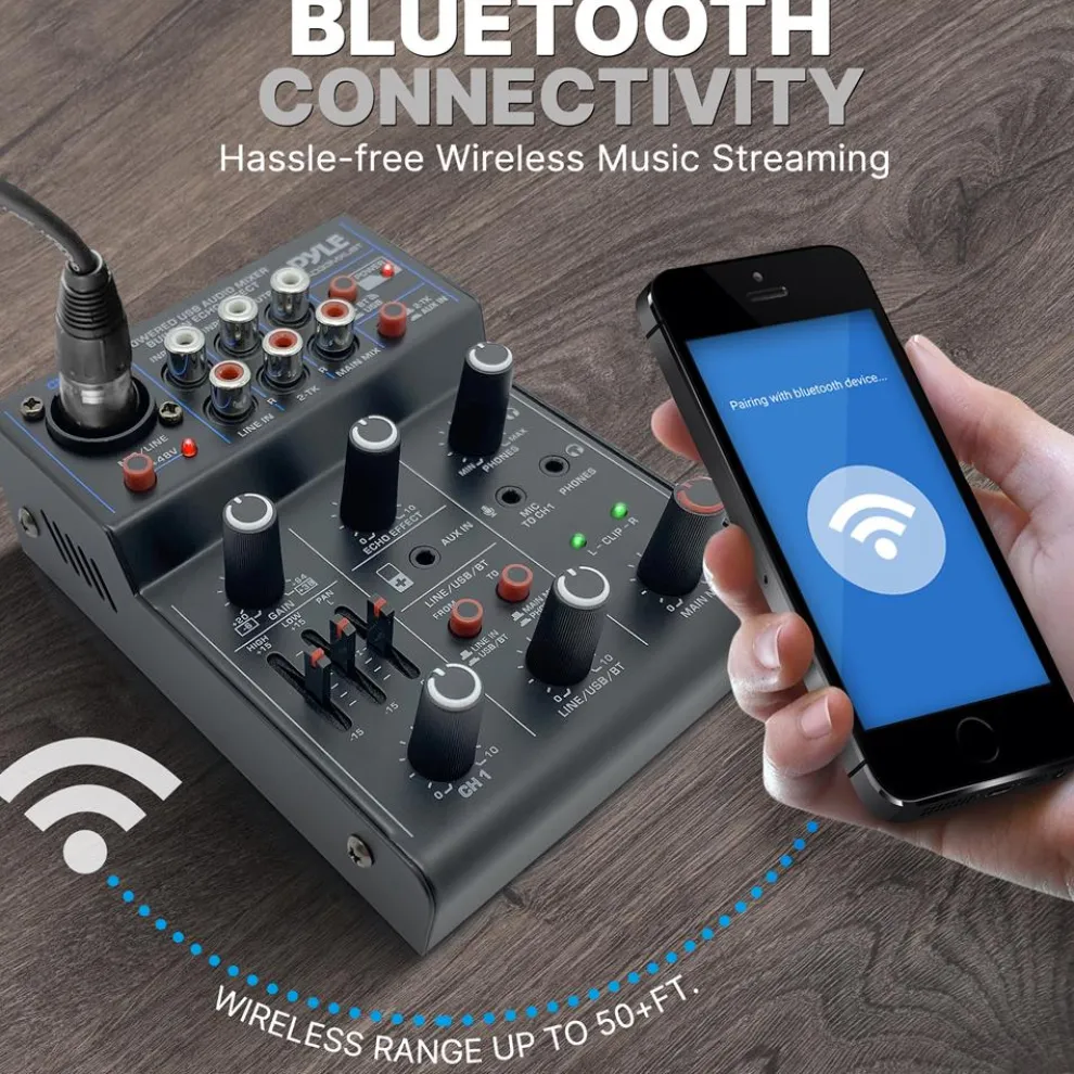 3-Channel Wireless DJ Mixer - Bluetooth 5.0, USB Interface, Phantom Power