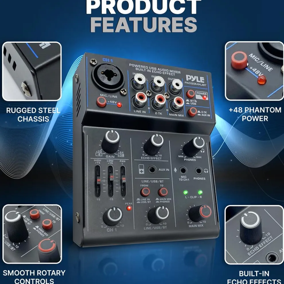 3-Channel Wireless DJ Mixer - Bluetooth 5.0, USB Interface, Phantom Power