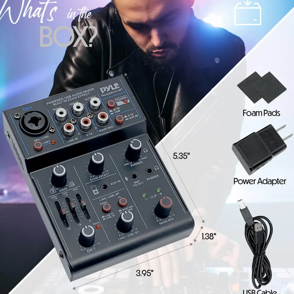 3-Channel Wireless DJ Mixer - Bluetooth 5.0, USB Interface, Phantom Power