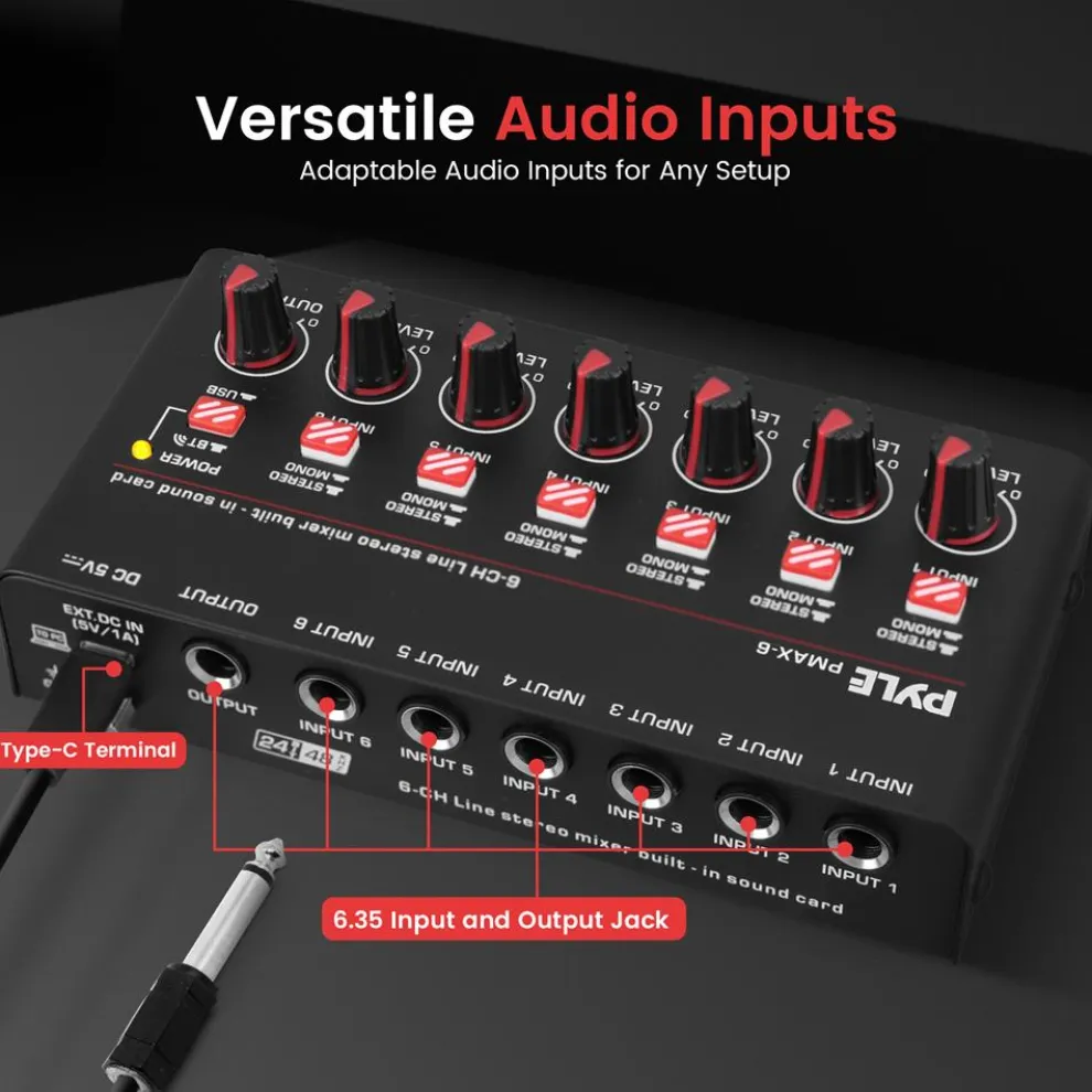 6-Channel Wireless Mixer, Low Noise, USB Sound Card, Compact Size
