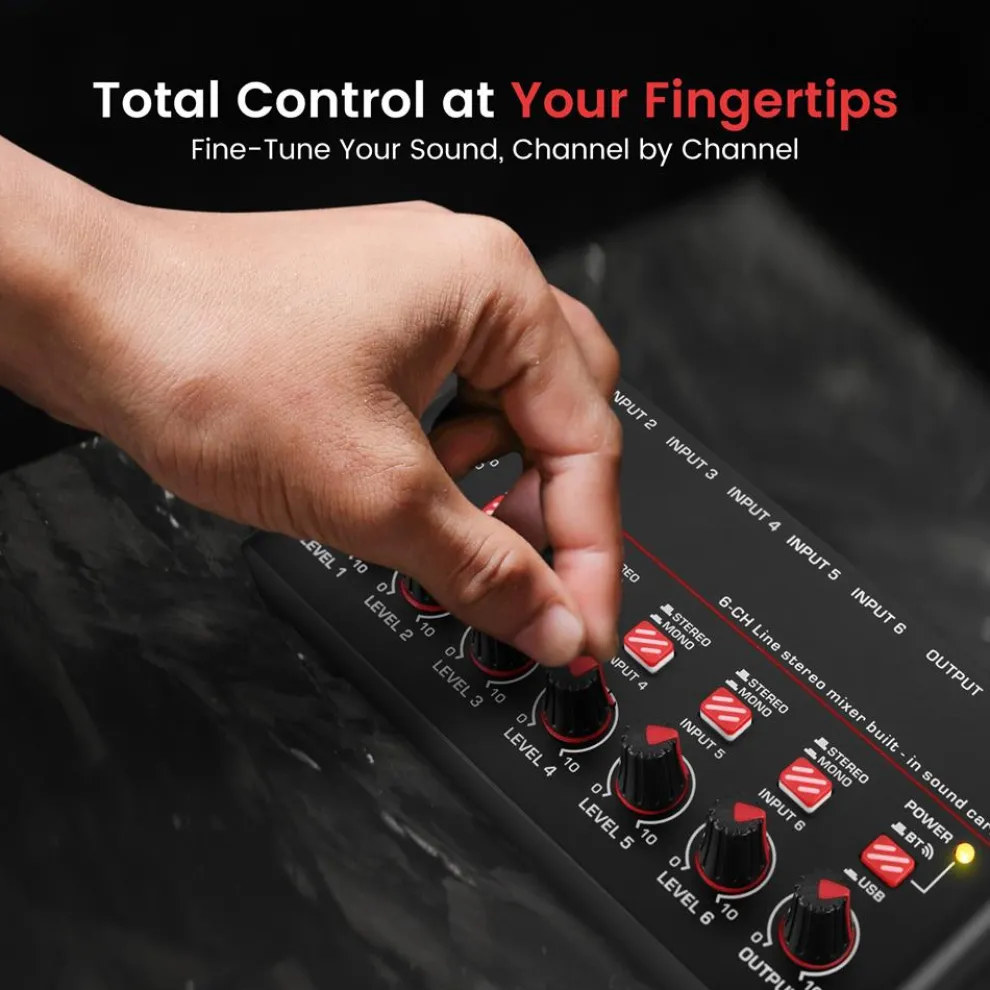 6-Channel Wireless Mixer, Low Noise, USB Sound Card, Compact Size