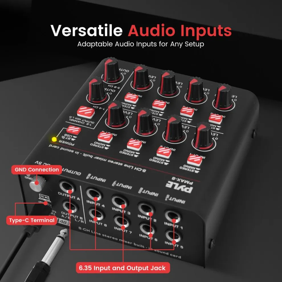 8-Channel Wireless Mixer, Low Noise, USB Sound Card, Compact Size