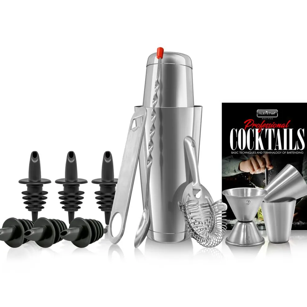 Cocktail Shaker Set 15 Pcs - Stainless Steel, Dishwasher Safe, Silver