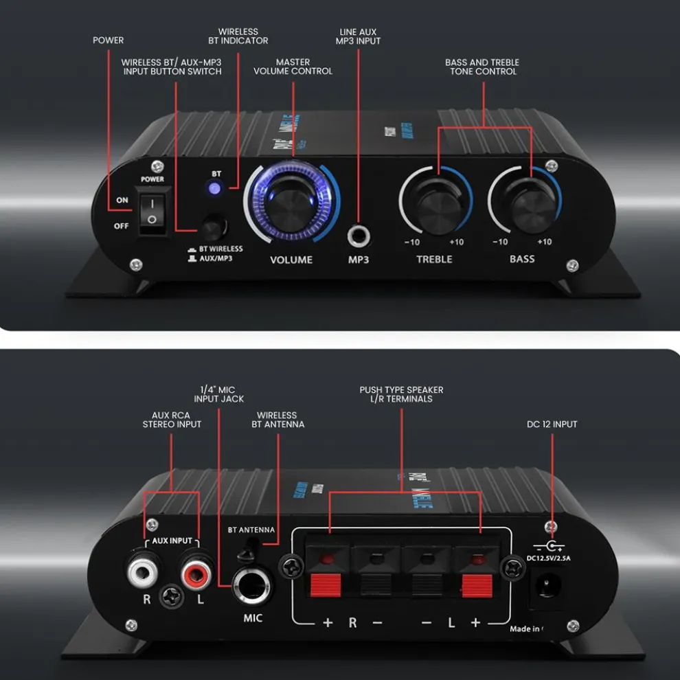 Compact Mini Bluetooth Audio Amplifier with Mic Input