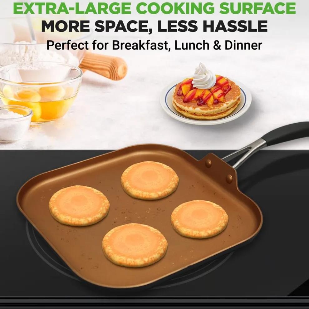 Copper Griddle Pan Non-Stick Coating Silicone Handle