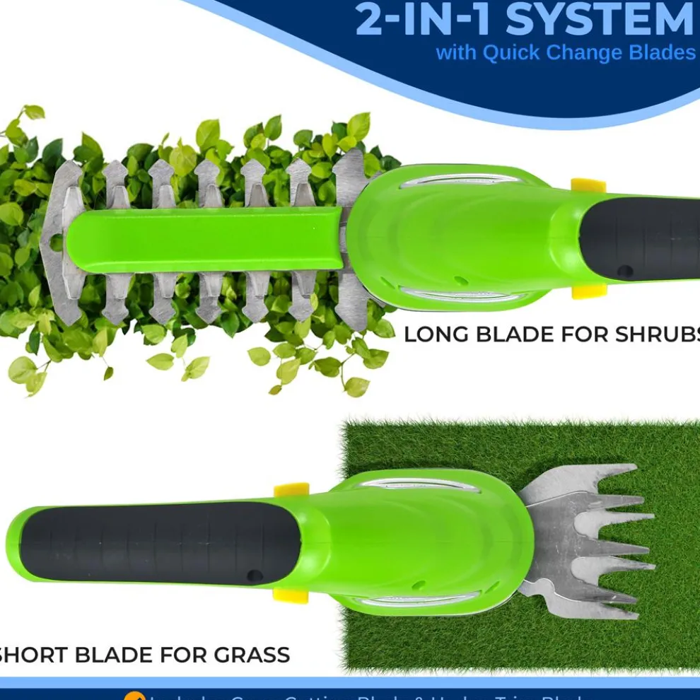 Cordless Grass Cutter & Hedge Trimmer, Rechargeable, Quick Change Blades, Green