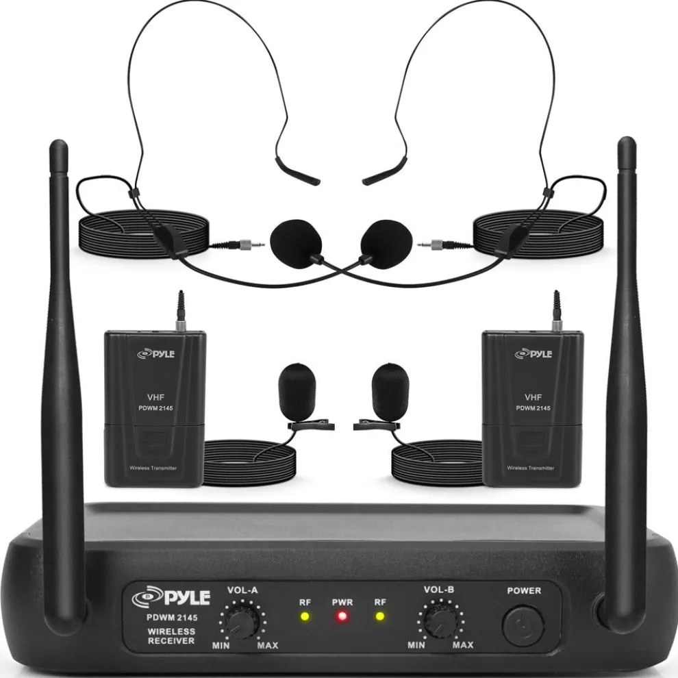Dual Channel Wireless Mic System - Clear Sound, VHF, 2 Lavalier & Headset