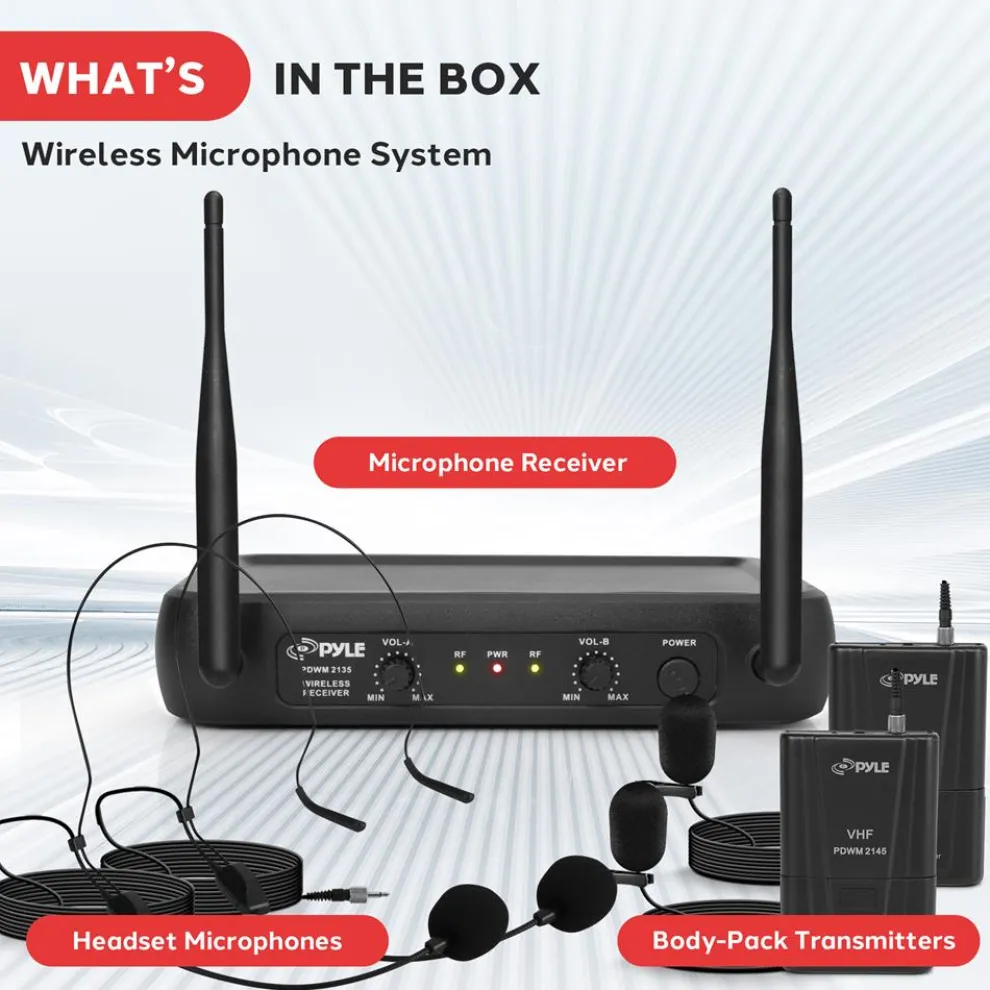Dual Channel Wireless Mic System - Clear Sound, VHF, 2 Lavalier & Headset