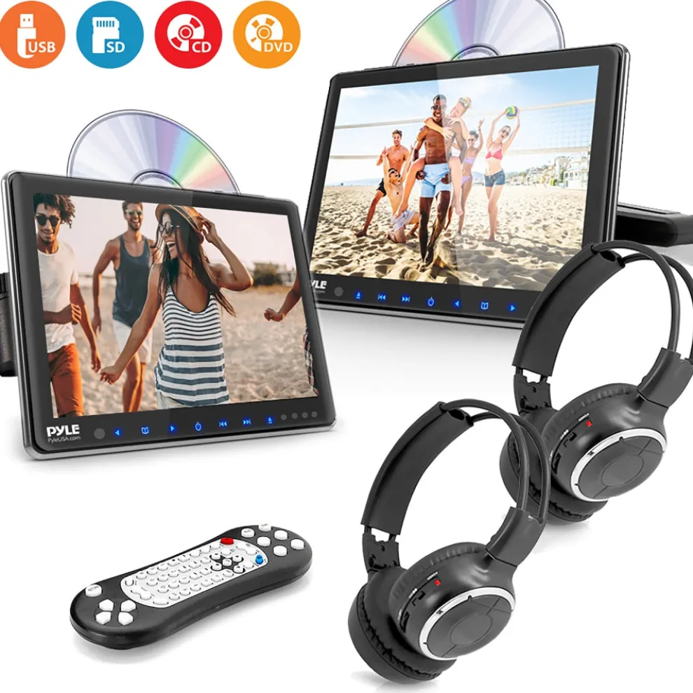 Dual Headrest DVD Player - 10.5" LCD, Stereo Speakers, Wireless Headphones
